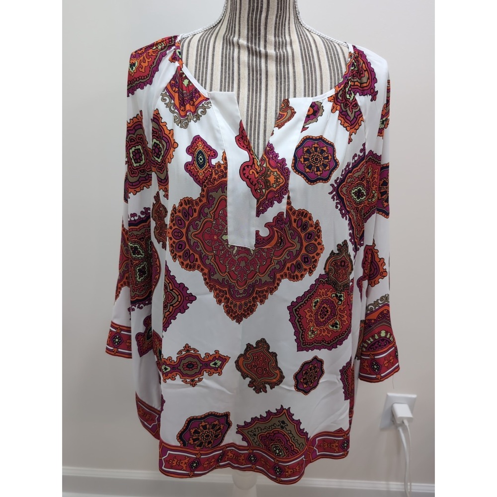 Chicos V-Neck Bell Sleeve Hippie Colorful Geometric Silky Tunic Size 2 Bohemian